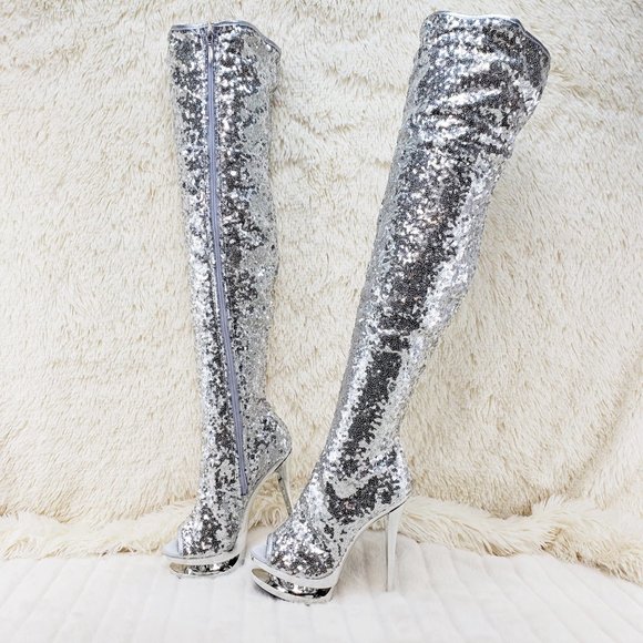 Silver Sequin Open Toe Thigh High Heel Boots - Picture 14 of 15